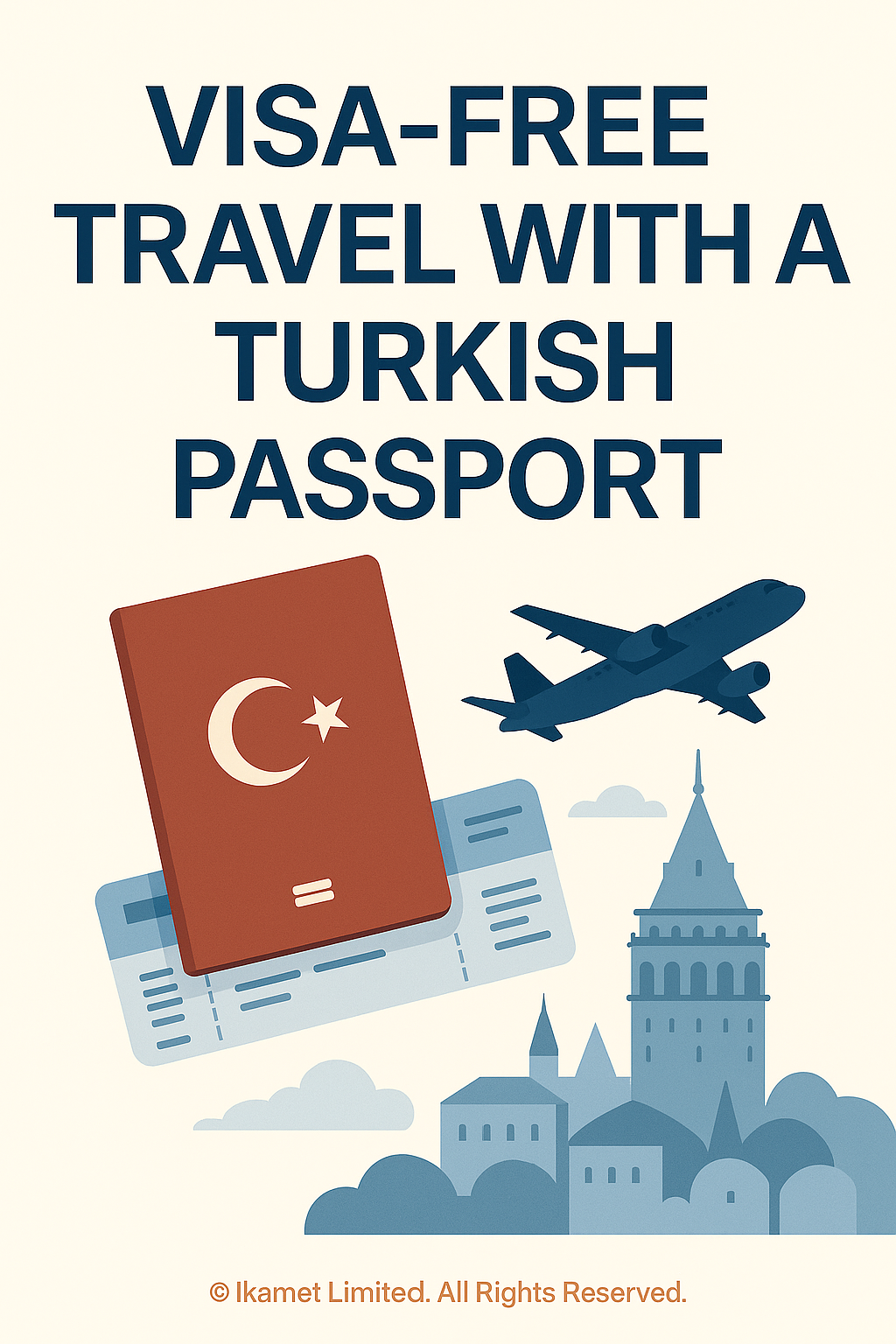 Ikamet Turkish passport and visa-free travel illustration.