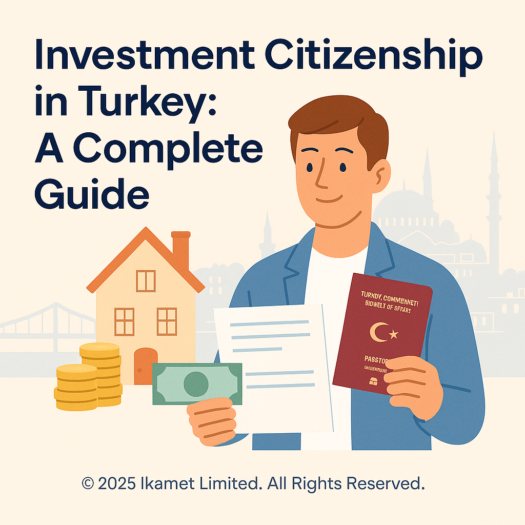 Man holding Turkish passport, cash, documents with Istanbul and investment icons in background