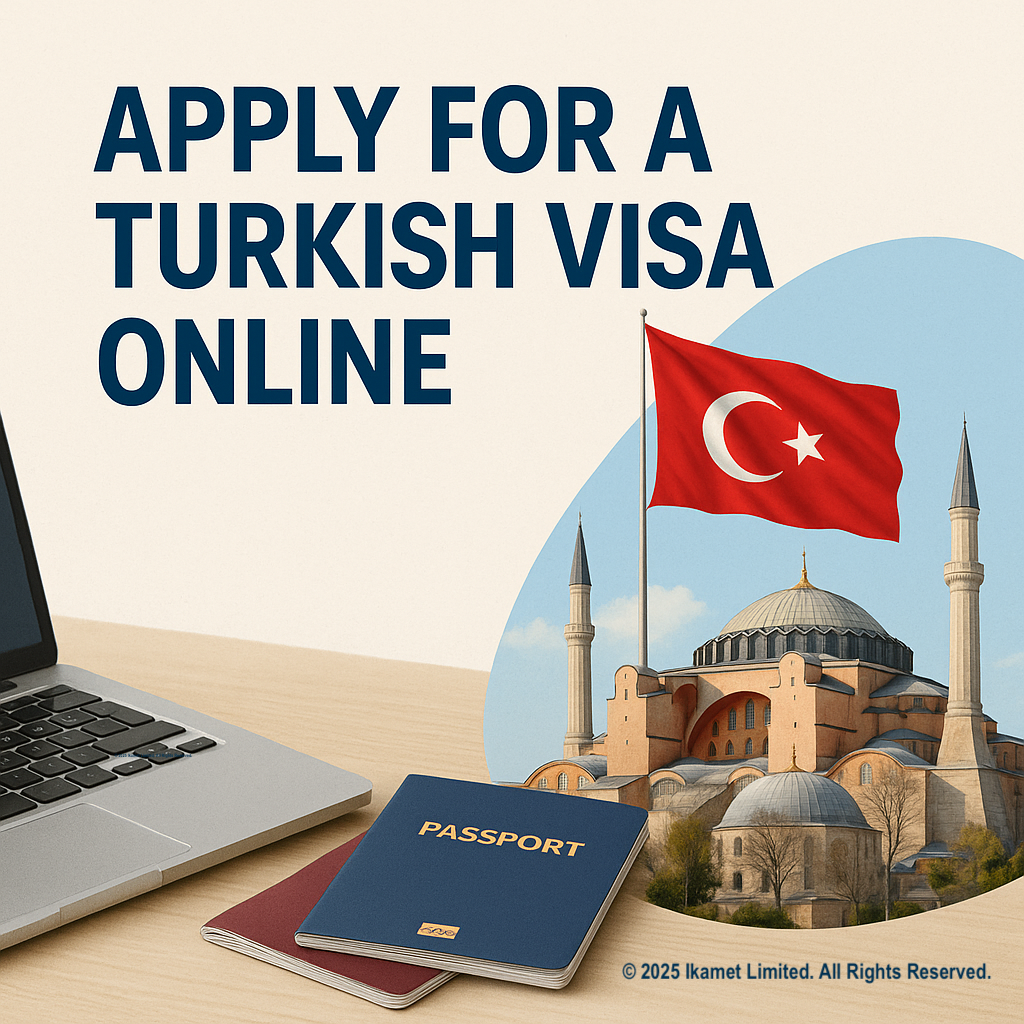 Online Turkish visa application with passports, laptop, and Hagia Sophia
