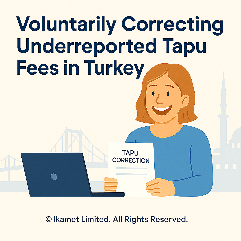 An elegant, smiling woman at her desk holds a “TAPU CORRECTION” form, a laptop open beside her, with Istanbul’s skyline faintly visible behind.