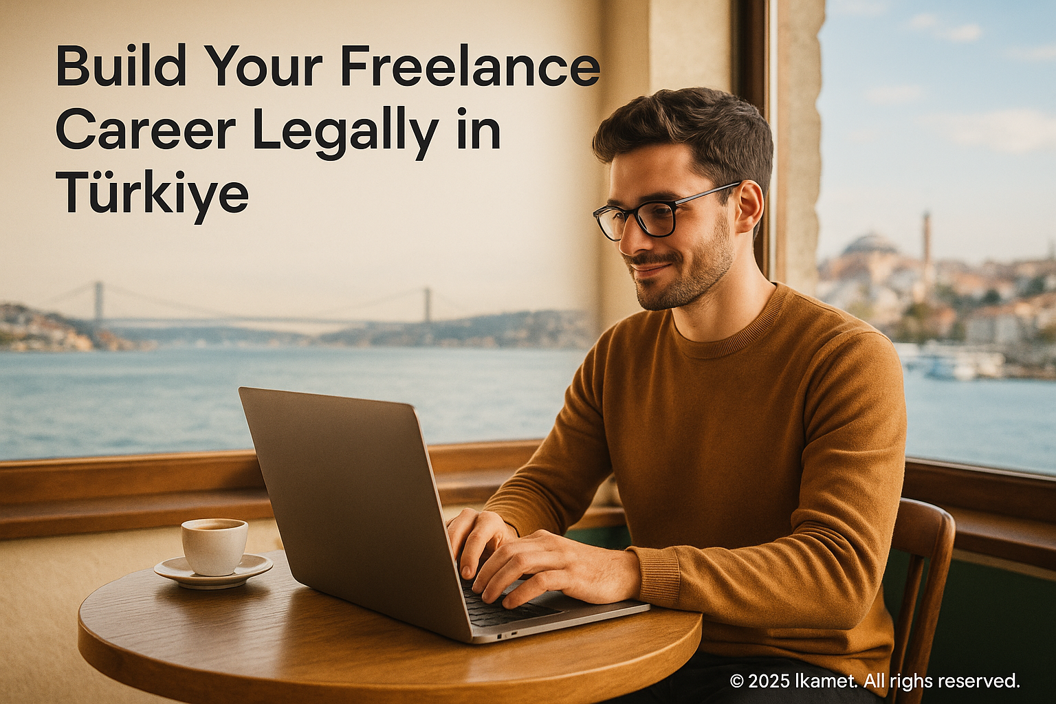 Digital nomad at a Turkish café overlooking the Bosphorus, powered by Ikamet.