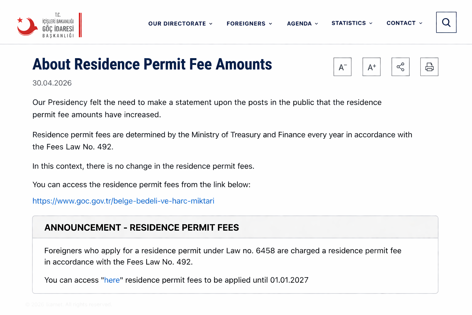 Turkey Presidency of Migration Management official residence permit fee statement 30 April 2026