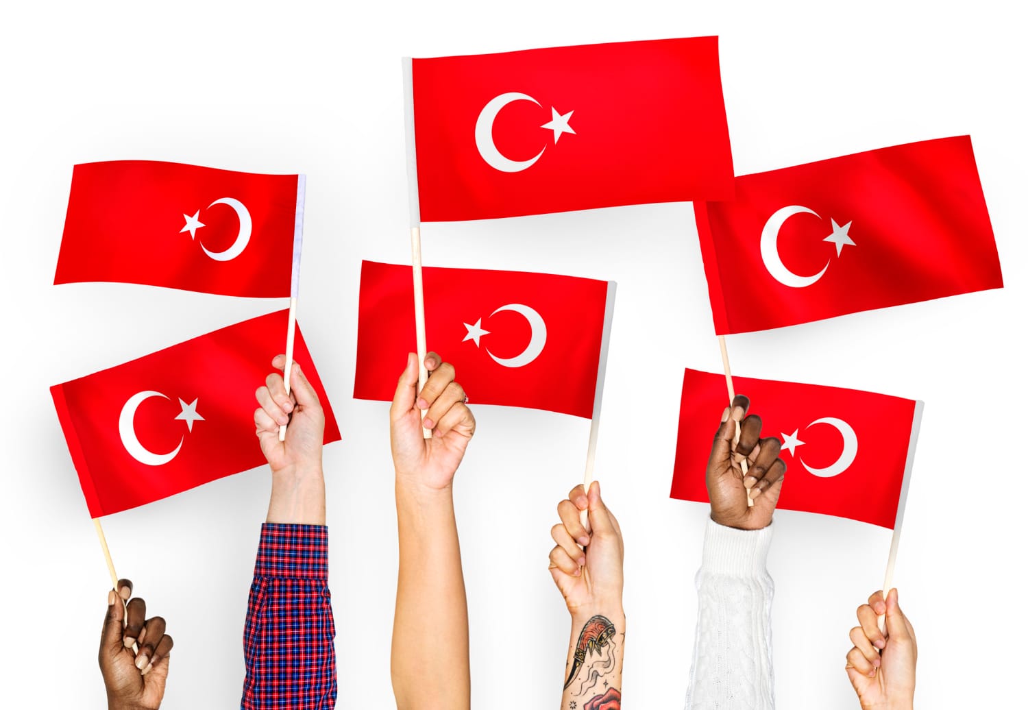 Six diverse hands are raised, each holding a small Turkish flag with a red background, white star, and crescent, against a white background.